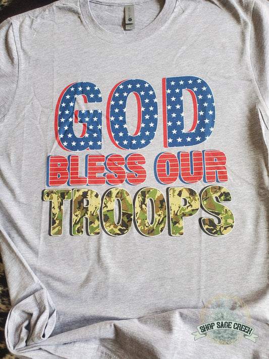 Womens T-shirt god bless our troops